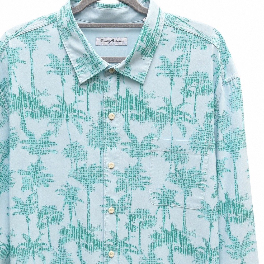 Tommy Bahama Mens 3XL Button Up Shirt Blue Teal Palm Tree Print Long Sleeve
